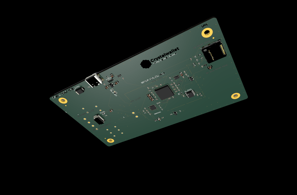 Crystalwallet PCB 3D-Ansicht isometrisch — 6-Layer Hardware Wallet Platine mit STM32U5G9, TROPIC01 Secure Element und USB-C