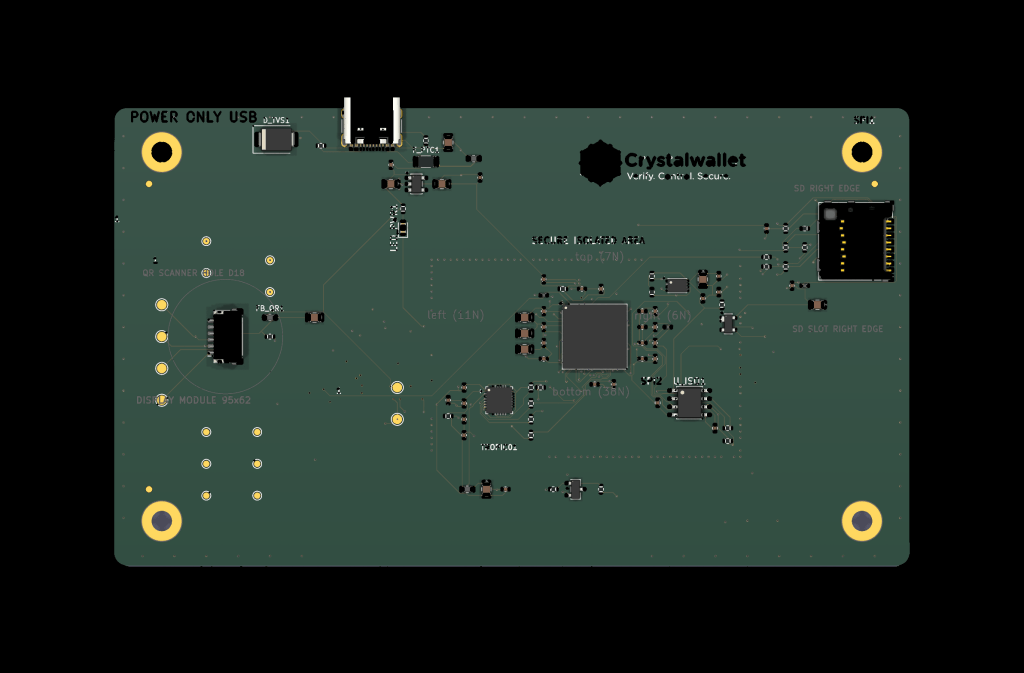 Crystalwallet PCB Draufsicht — 6-Layer KiCad Design mit Secure Isolated Area, QR-Scanner, Display-Modul und Power-Only USB-C